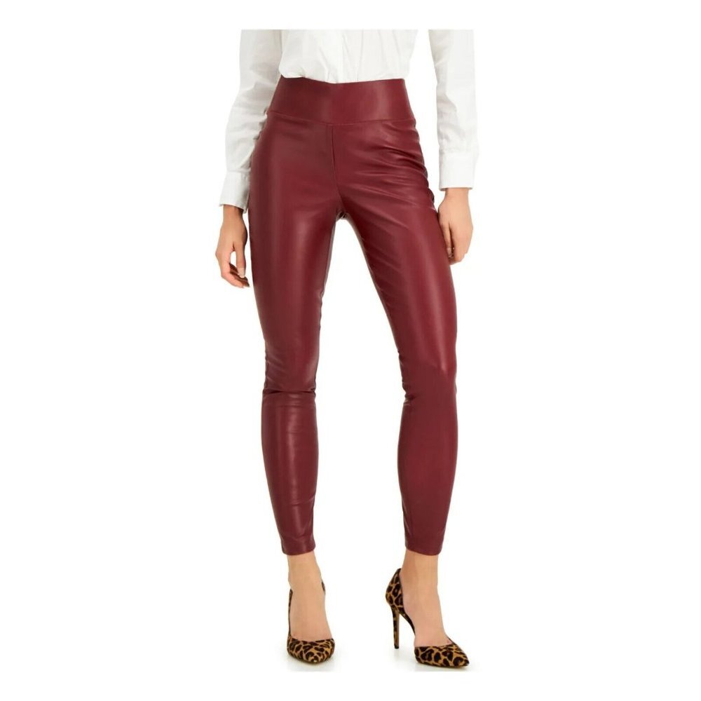 INC Womens Burgundy Faux Leather High-rise Skinny Leggings Size 8